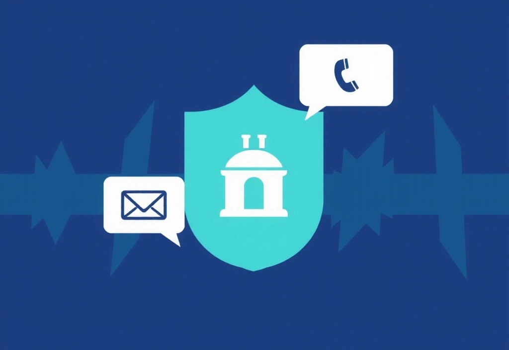 Abstrakte Darstellung von Recht und Kommunikation, mit stilisierten Icons für E-Mail und Telefon