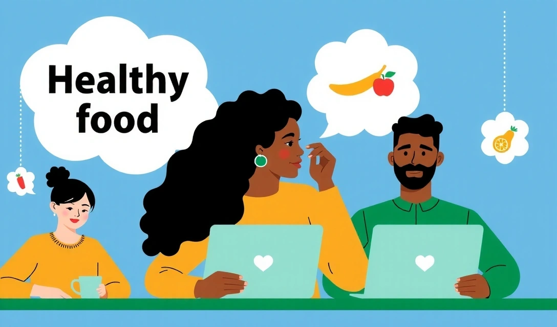 Illustration of people connecting through technology and healthy food
