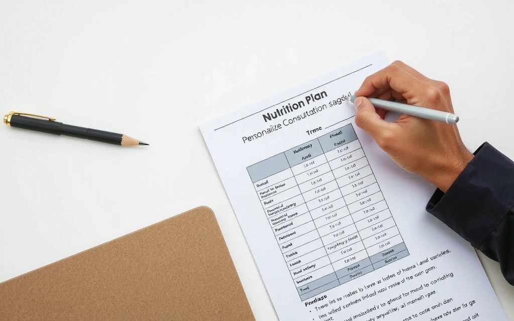 Eine Hand, die Notizen auf einem Ernährungsplan macht, symbolisiert den zweiten Schritt des Beratungsprozesses.