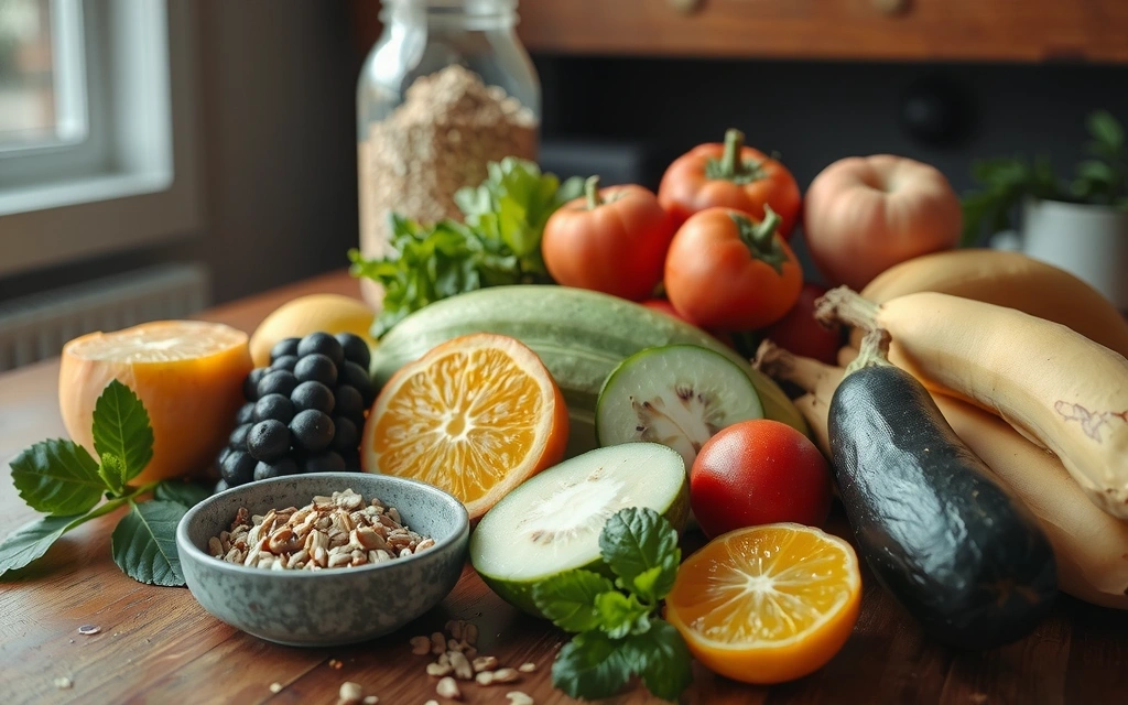 Frische, gesunde Lebensmittel auf einem Holztisch, symbolisieren individuelle Ernährungsberatung.